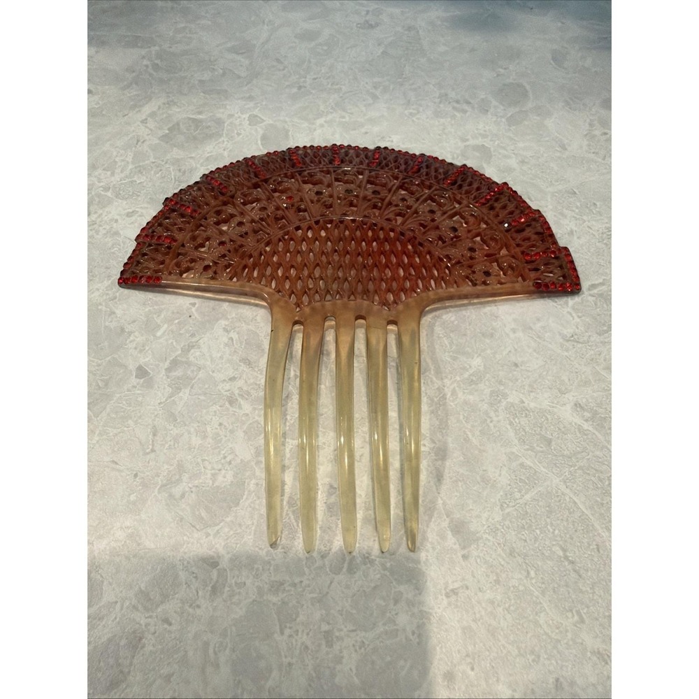 Vintage Hair Comb Art Deco  Celluloid Fan Design Red Rhinestones  6 In X 6 1/2. - Picture 2 of 5